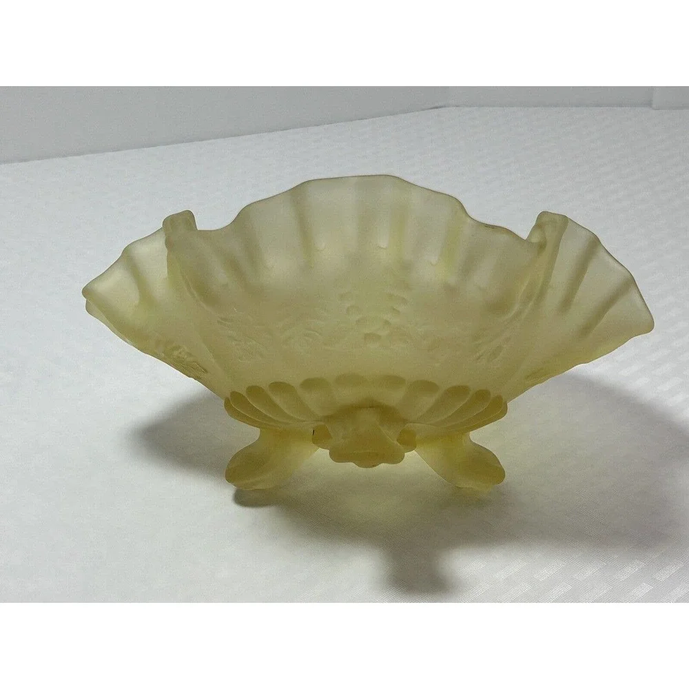 Westmoreland Glass Yellow Satin 3 Footed Bowl Double‎ Crimped Edge Paneled Grape